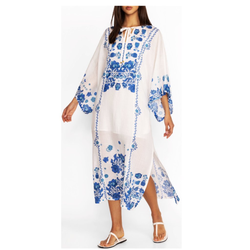 Johnny Was Maxi Kaftan Dress Size-L White/Multicolor Floral